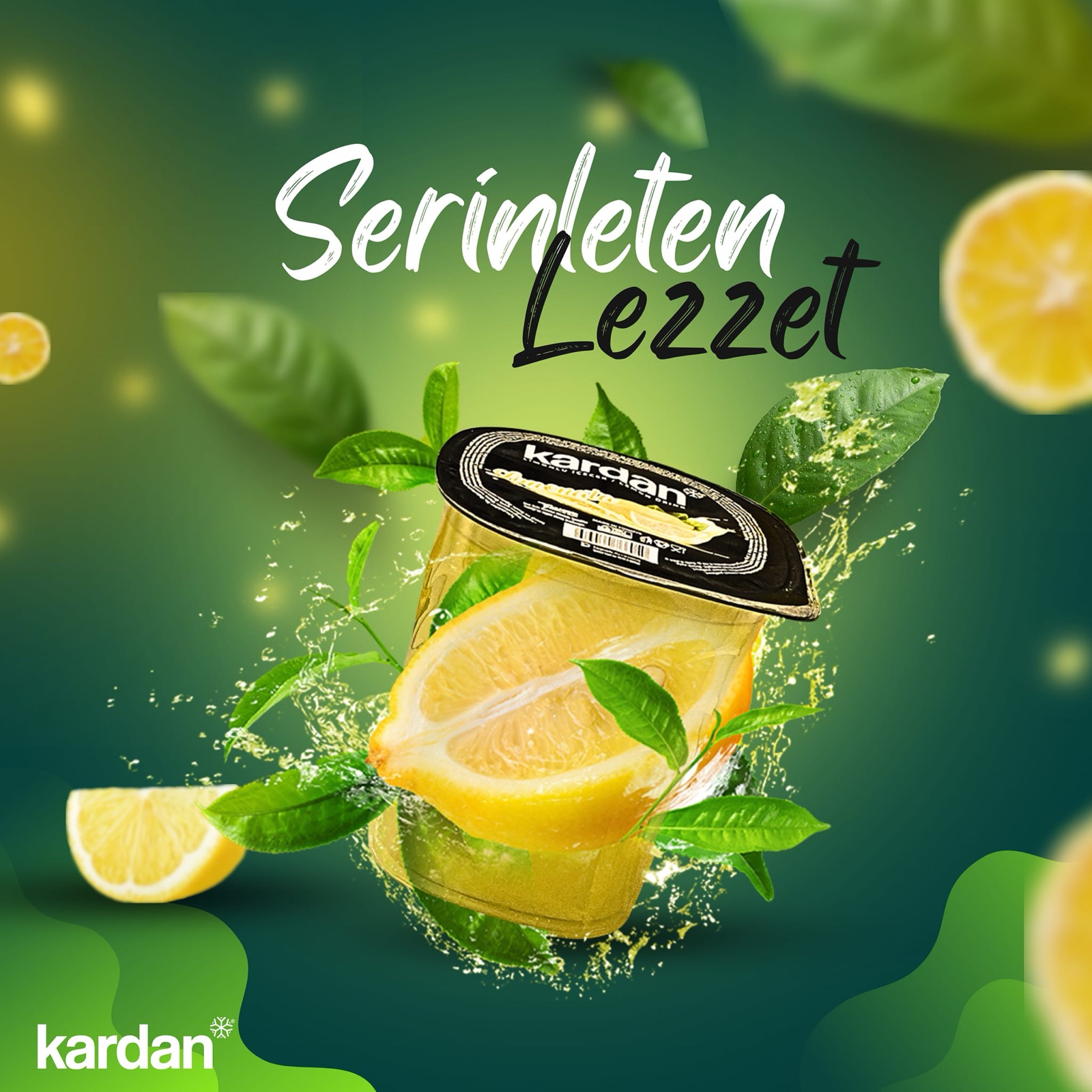 A Kardan lemonade cup among lemon slices and leaves