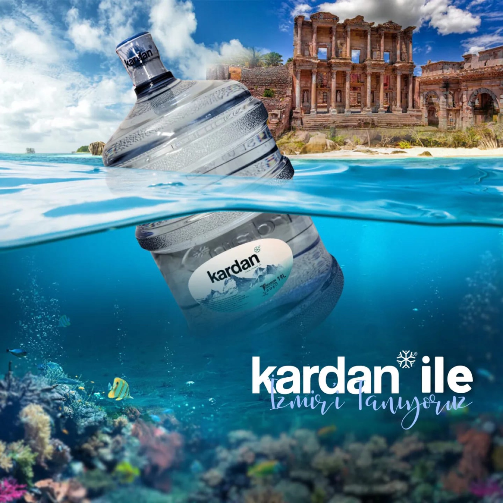 A Kardan carboy underwater with the ancient city of Ephesus behind